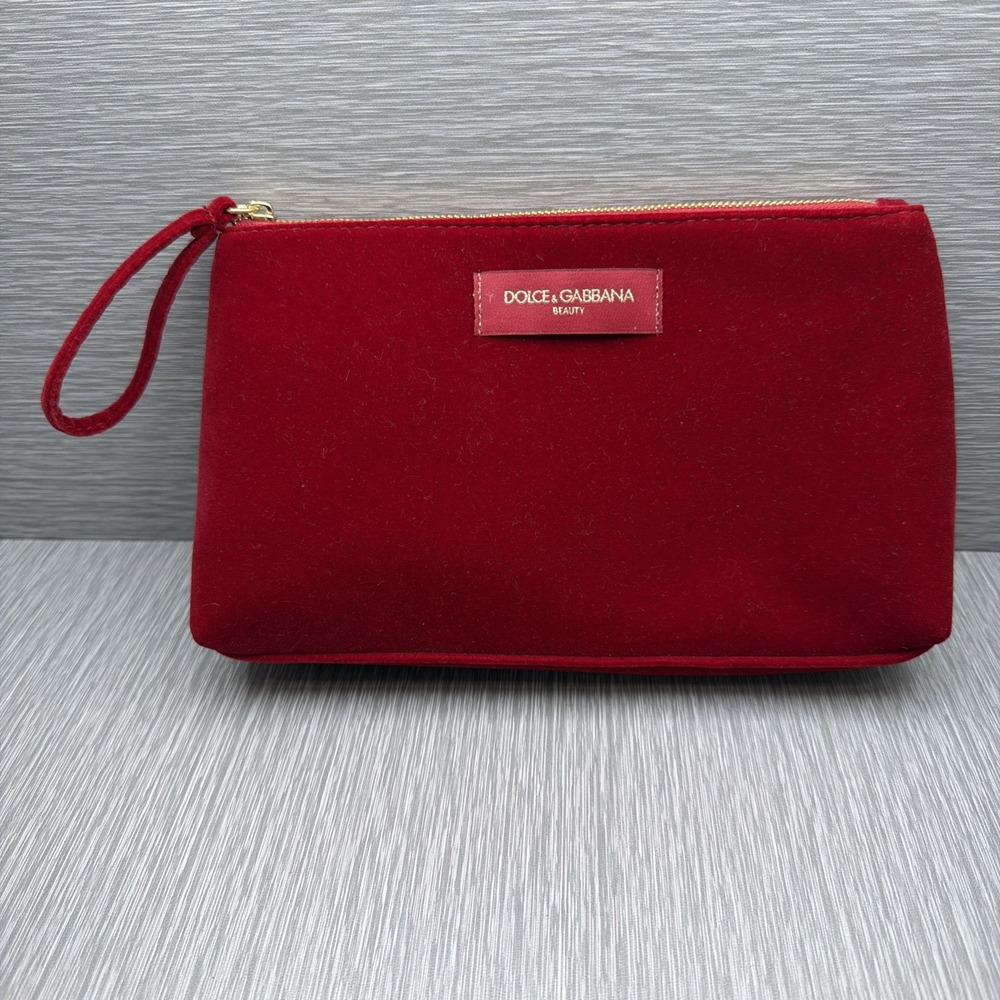 Dolce & Gabbana Beauty Burgundy Velvet Makeup Bag Cosmetic Pouch Gold Zip